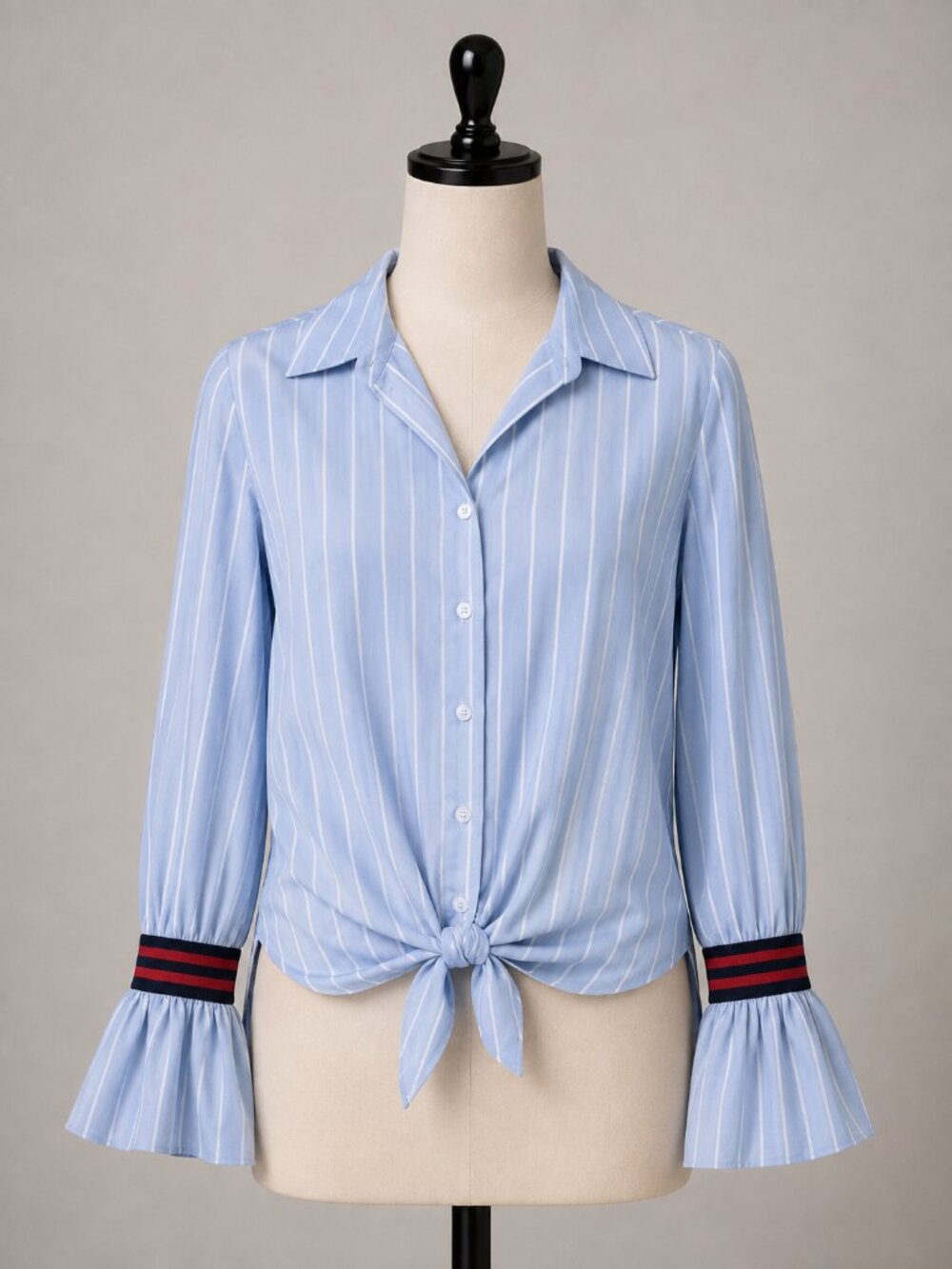 Light Blue Pinstripe Flounce Sleeve Button Down Shirt - Juniors Size Large